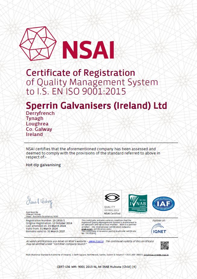 Sperrin Tynagh ISO 9001 2015 2027 NSAI